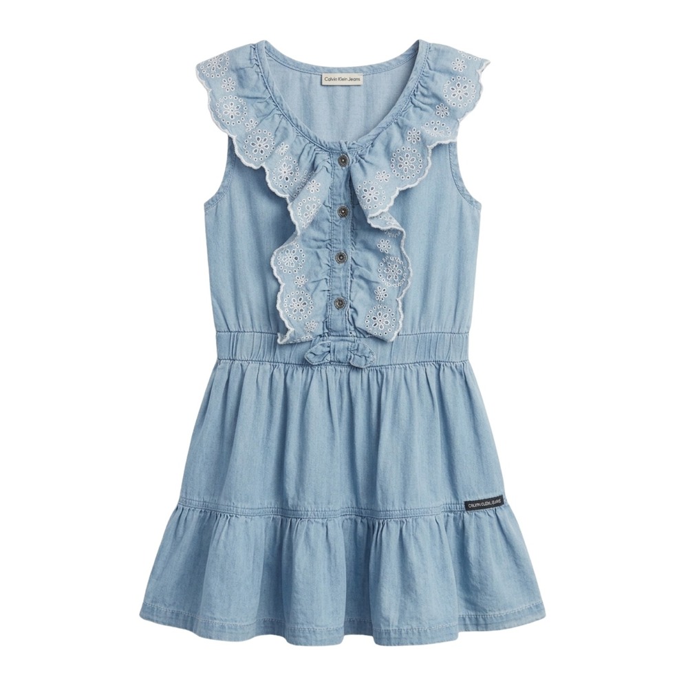 Calvin Klein Kids Blue Denim‎ Eyelet Ruffle Dress Size 5